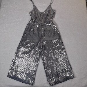 Silver Sequin Jumpsuit Wide Leg Spaghetti Strap Evening Party Size 4 VENUS